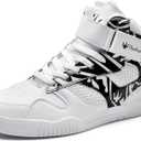 FZUU Men's Fashion High Top Leather Street Sneakers Sports Casual Shoes (7.5, White/Black)