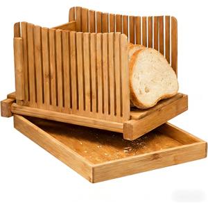Bamboo Bread Slicer for Homemade Bread, Adjustable with Foldable Slicing Guide & Crumb Tray, Even Slicing for Sourdough Loaf, Sandwich Bread, Bagels & Cakes, Kitchen Baking Gadget