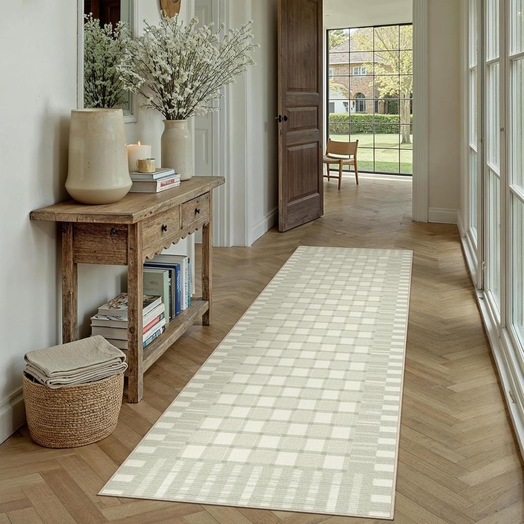 PureCozy Checkered Runner Rug 2x6 for Hallways Green Washable Long Carpet Non-Slip Low Pile Boho Indoor Accent Throw Rug for Entrance Kitchen Bedroom Dining Laundry