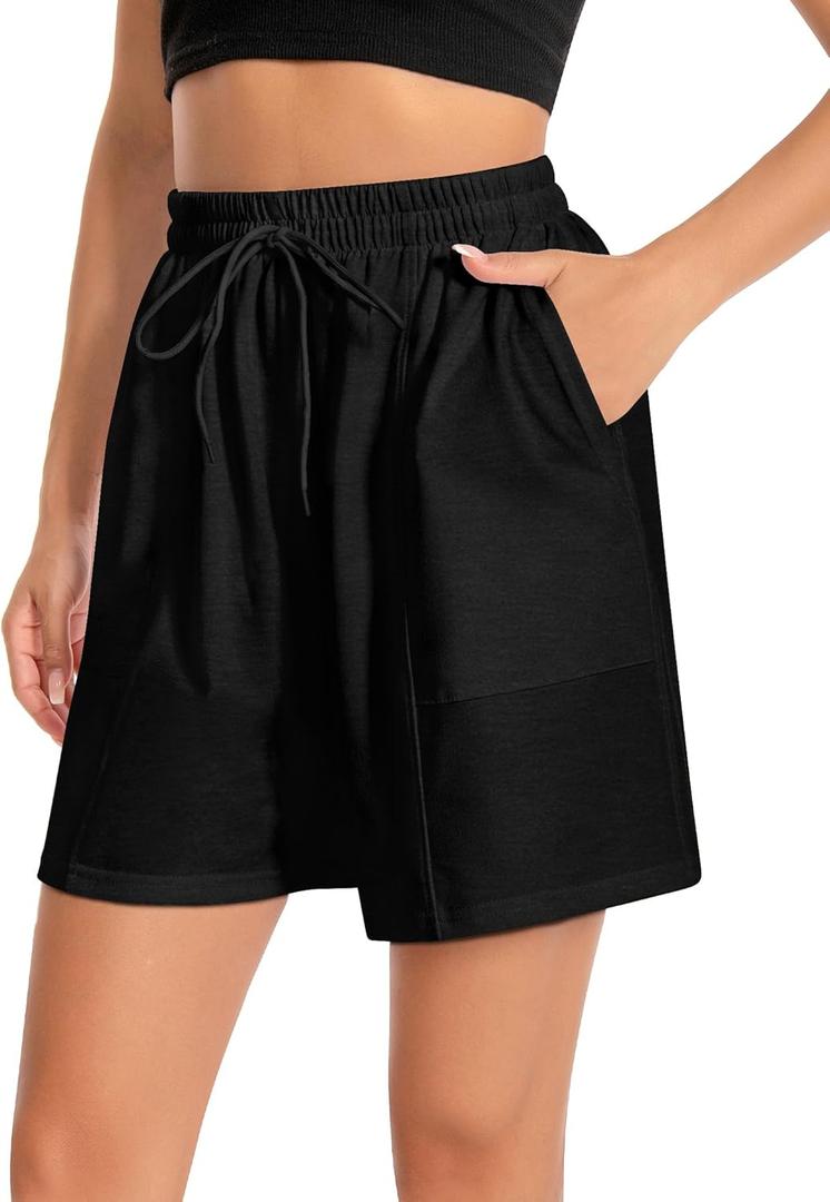 Women's Lounge Athletic Shorts with Pockets, 6.1" Sweat Shorts Women, Summer Casual Elastic Walking Running Shorts (Black, XL)