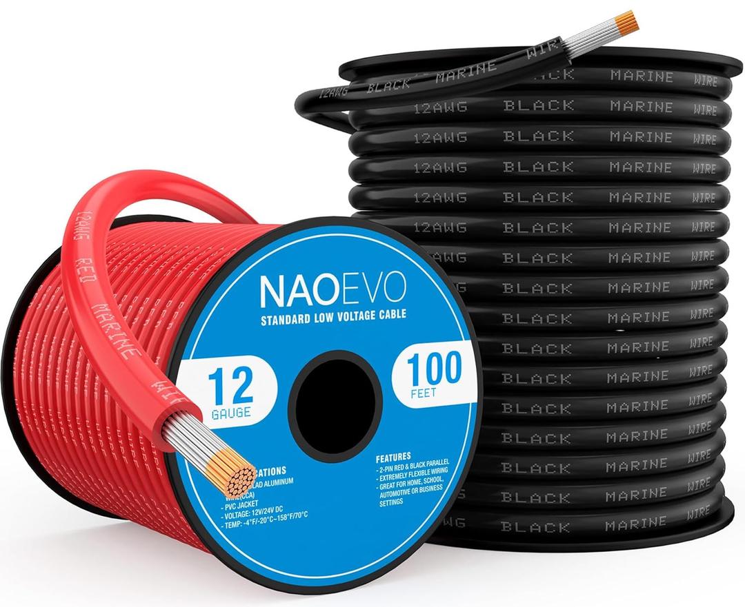NAOEVO 12 Gauge Marine Wire, 12 AWG Tinned Copper PVC Marine Grade Wire, IP68 Waterproof/Corrosion-Resistant Electrical Cable for Boat RV, Automotive, Solar, Trolling Motor (100 ft Black + 100 ft Red)