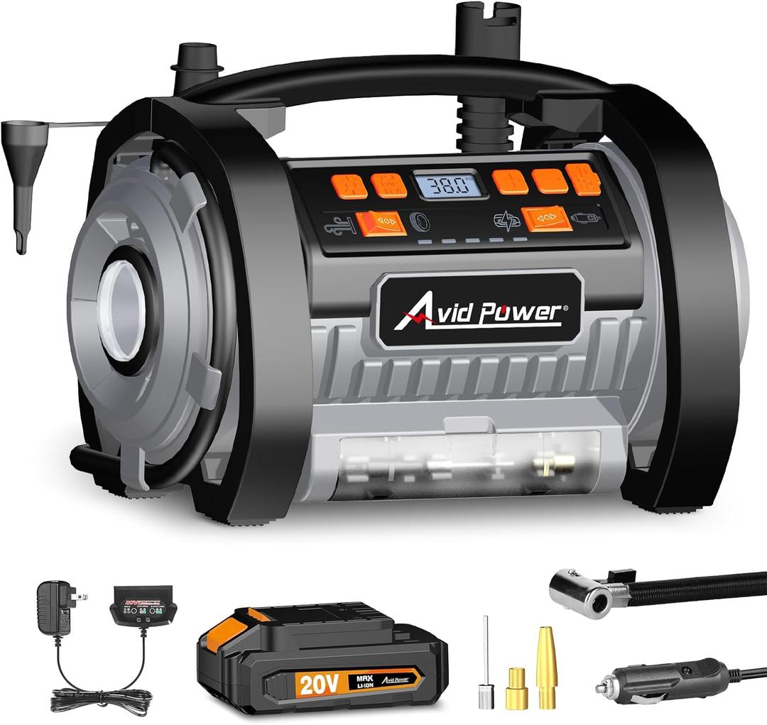 Avid Power Tire Inflator Portable Air Compressor w/ 20V 2000mAh Battery and 12V Car Adapter, for Inflation and Deflation