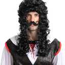 Spooktacular Creations Men's Black Pirate Wig with 1 Mustache Halloween Wig for Adults Cosplay Party Accessories