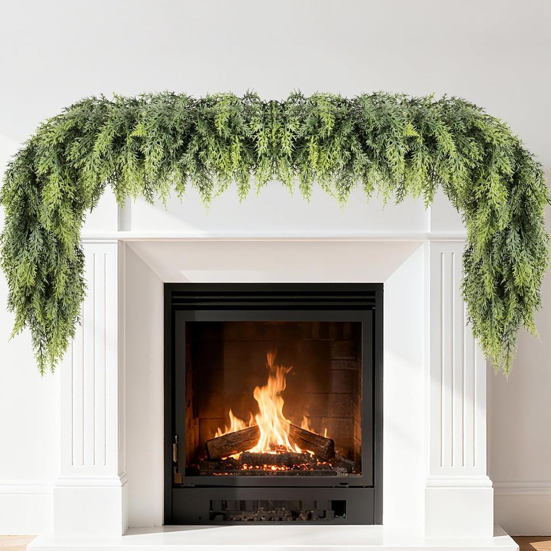 kuaima Christmas Cedar Garland, 6 FT Artificial Realistic Winter Evergreen Greenery Cypress Garland Real Touch for Indoor Outdoor Christmas Decoration, 1 Pcs