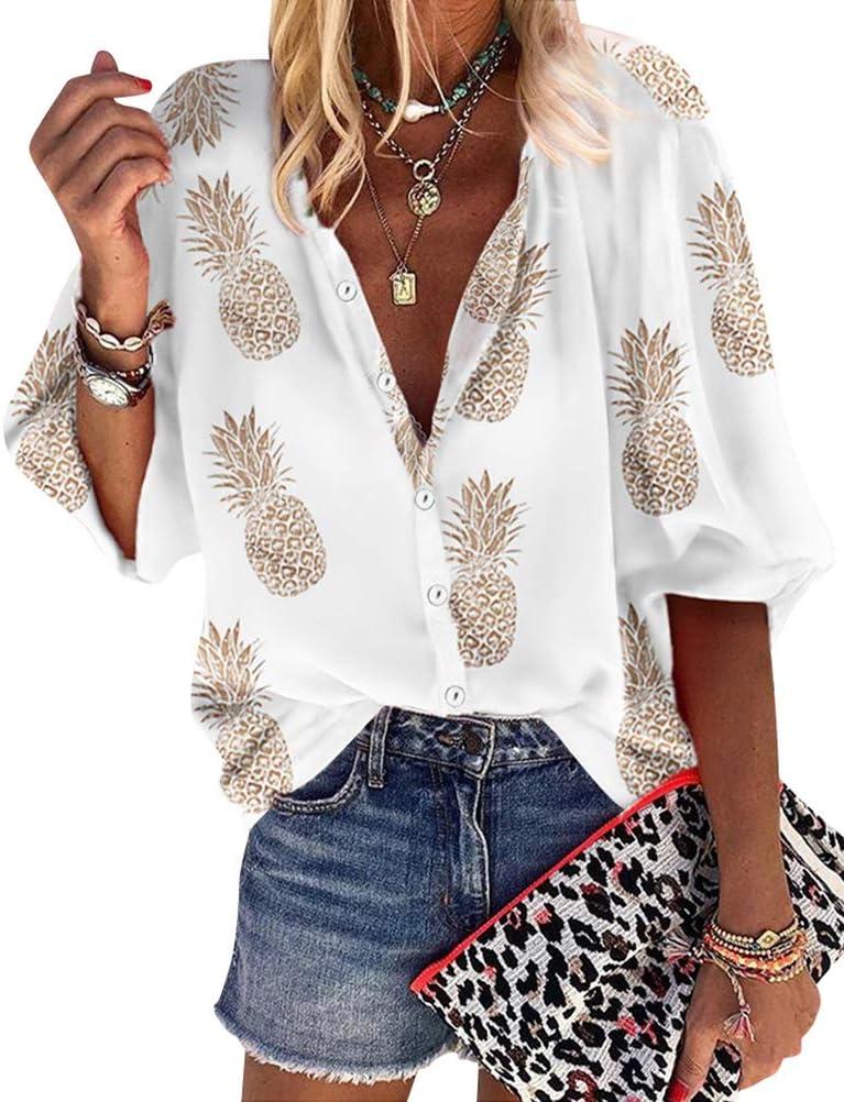 ZXZY Women Pineapple Printed Lapel Collar Half Sleeves Buttons Down Blouse Shirt (Small, White)