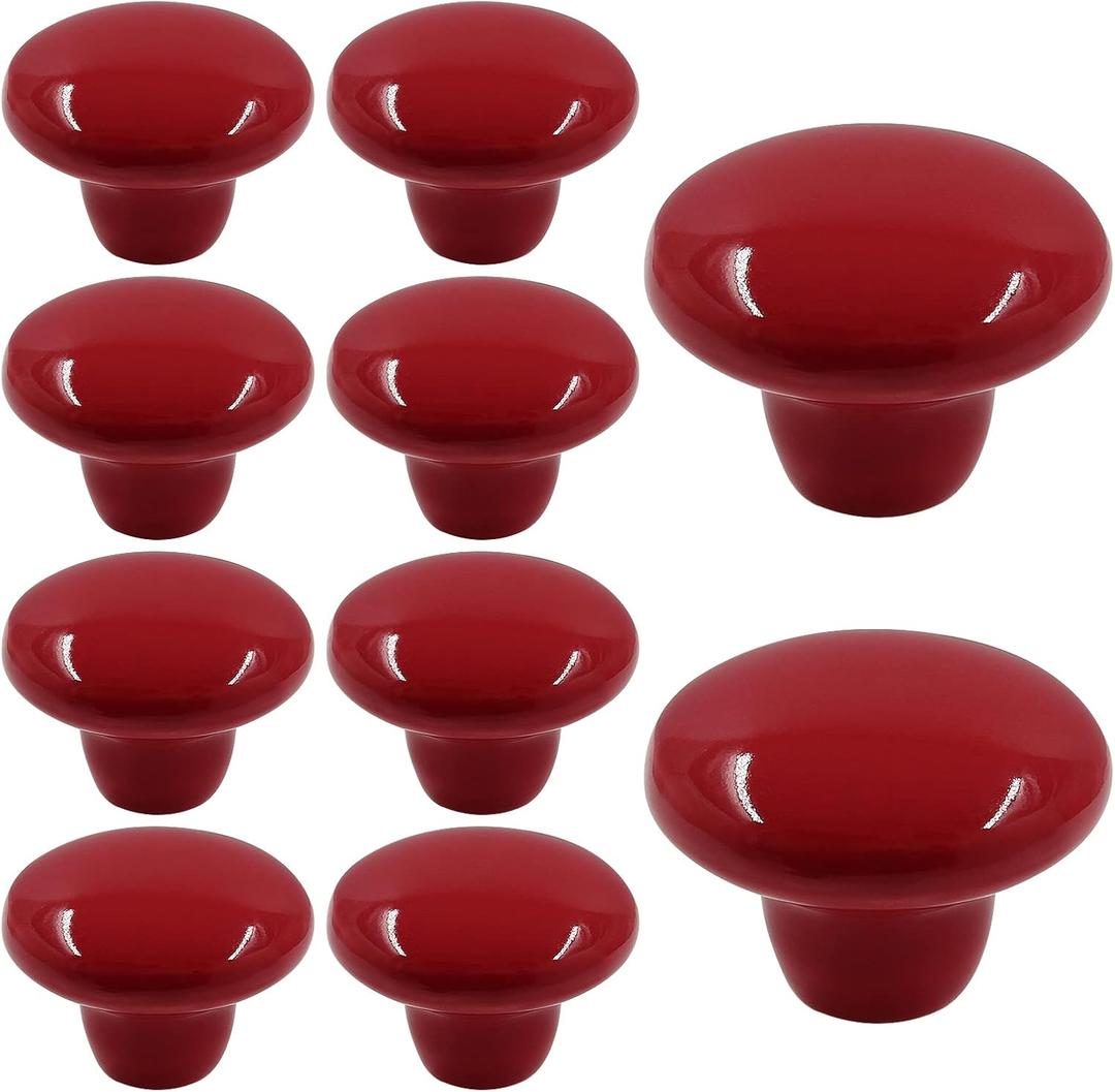 10Pcs Cabinet Ceramic Knobs, 1.5Inch/ 38mm Red Cute Drawer Knobs Round Dresser Knob Pull Handles with Screws for Cupboard, Wardrobe, Kitchen, Bedroom, Door, Kids' Room
