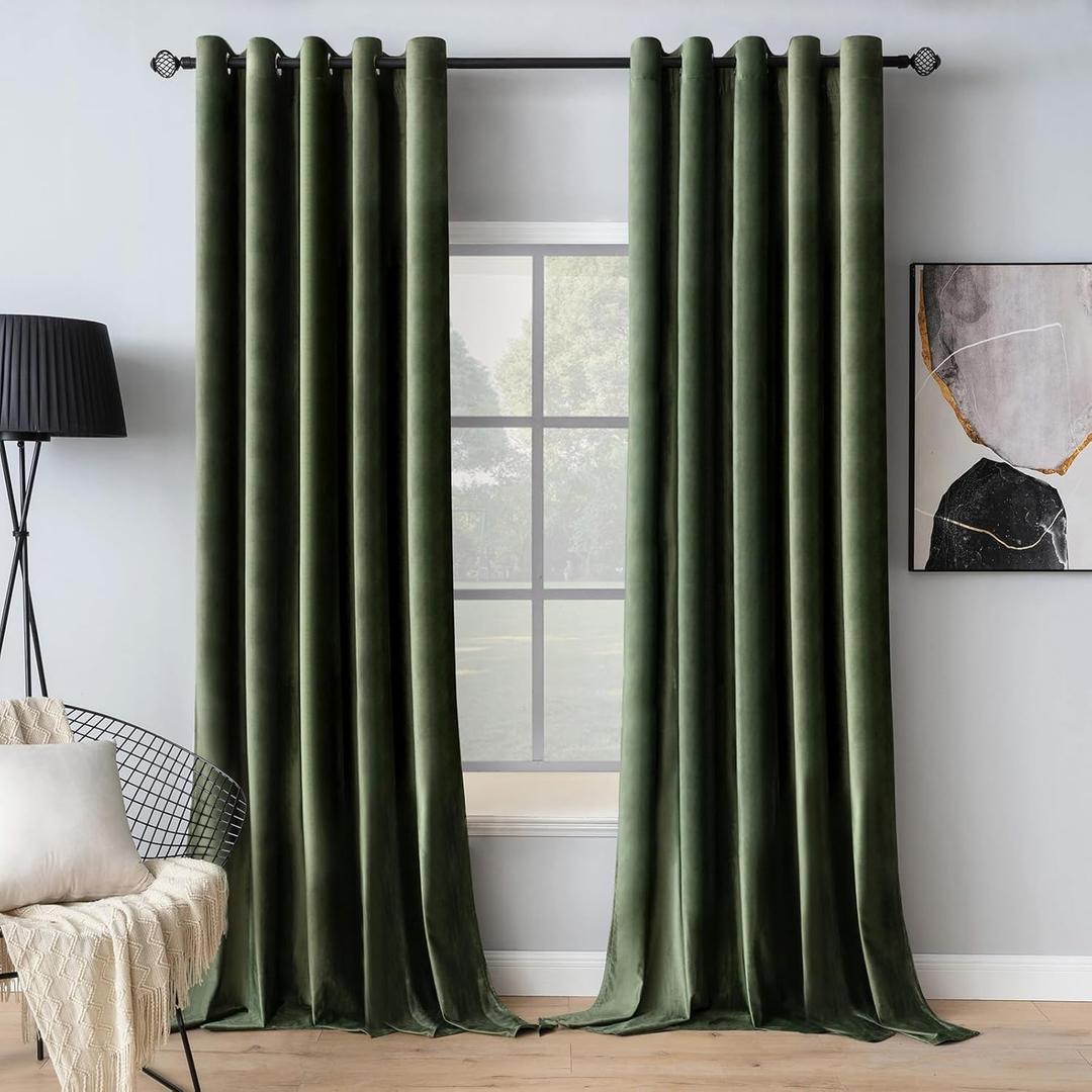MIULEE Velvet Curtains Olive Green Elegant Grommet Thermal Insulated Soundproof Room Darkening Curtain/Drapes for Classical Living Room Bedroom Decor 72 x 84 Inch Set of 2