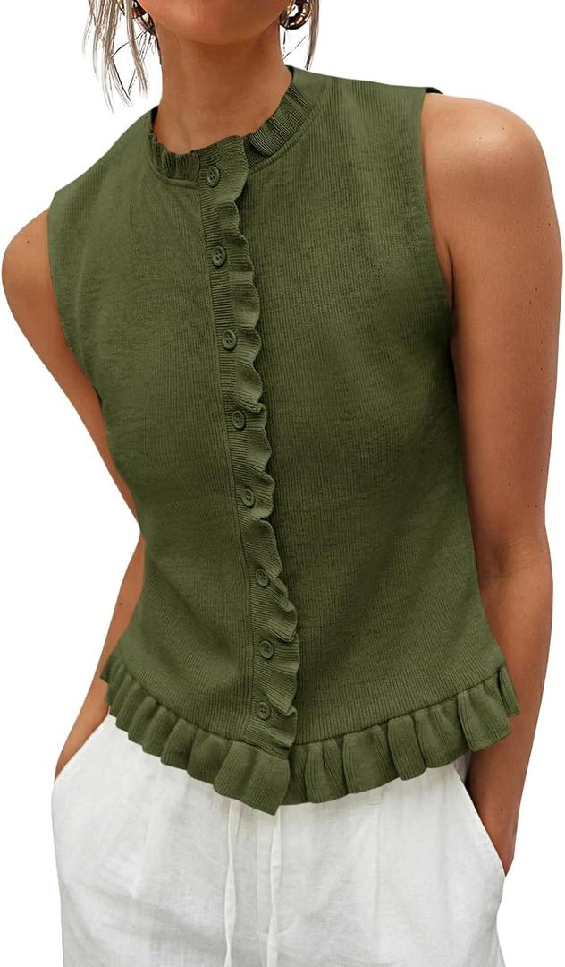 Saodimallsu Womens Sleeveless Sweater Vest Ruffle Button Down Knit Tank Top Summer Trendy Going Out Vest Tops (Medium, Army Green)