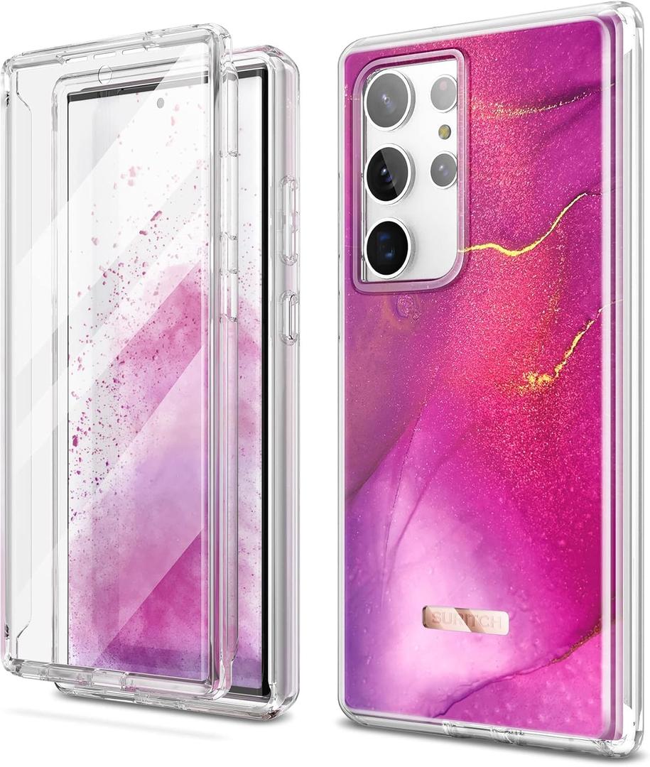 SURITCH for Samsung Galaxy S23 Ultra Case, [Built-in Screen Protector][Dual-Layer Protection ] Full Protection Shockproof Rugged Bumper Phone Cover for Samsung S23 Ultra 6.8 Inch-Pinkish Purple Marble