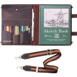 Robrasim Handmade Leather Sketchbook Cover, Artist Sketch Pad Holder for 9"X12" Top Spiral Bound Sketchbook, Drawing Book Pencil Case, Journal Portfolio with Shoulder Strap, Artist Gifts,Brown
