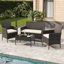 3-Piece Outdoor Furniture Set, PE Rattan Wicker Chairs with Soft Cushions & Tempered Glass Coffee Table - All-Weather Patio Set for Garden, Backyard, Porch, Poolside (Black/Beige)