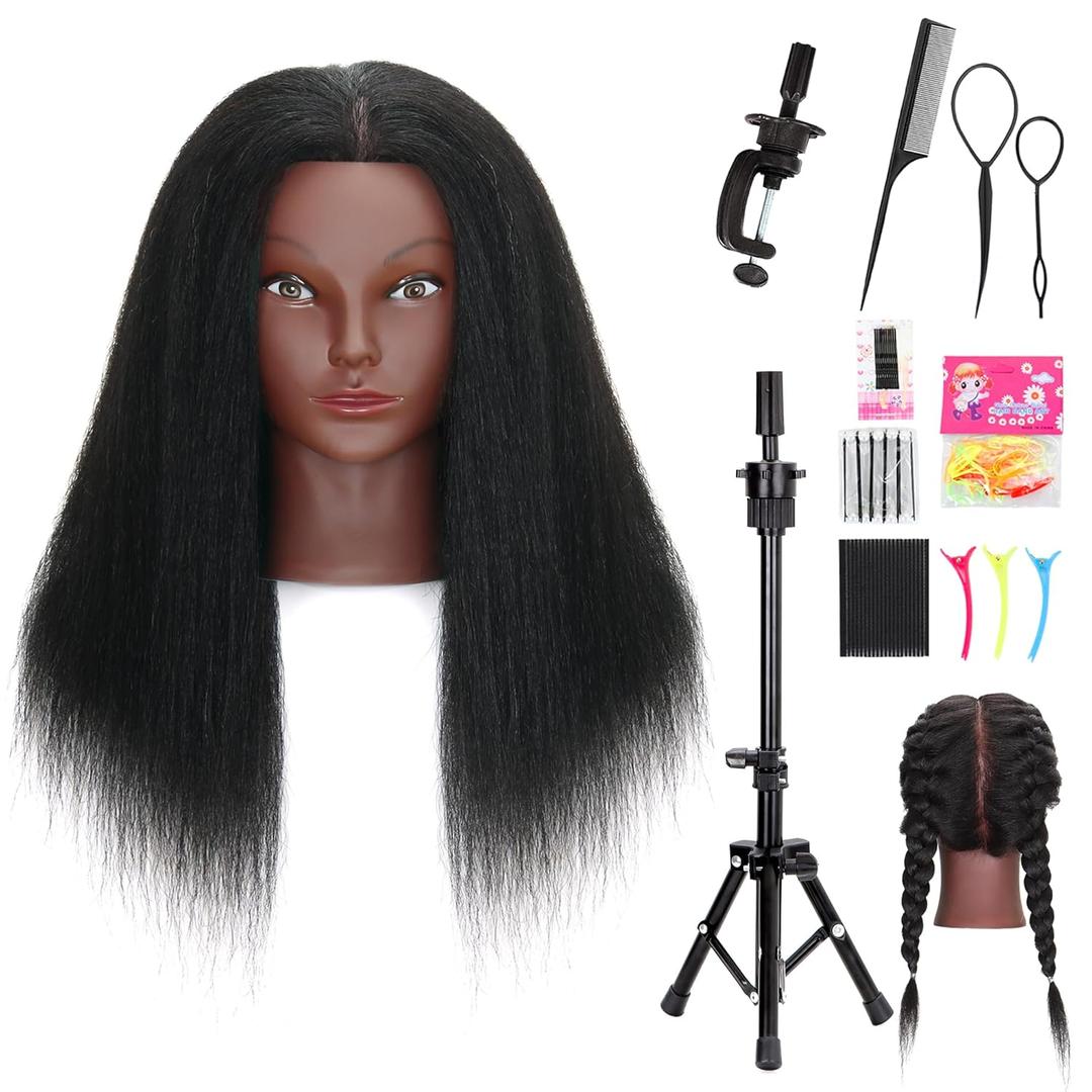 Mannequin Head with Human Hair 16'' Cosmetology Manikin Doll Head with 100% Real Human Hair for Braiding Hairdresser Practice Styling with Tripod Set