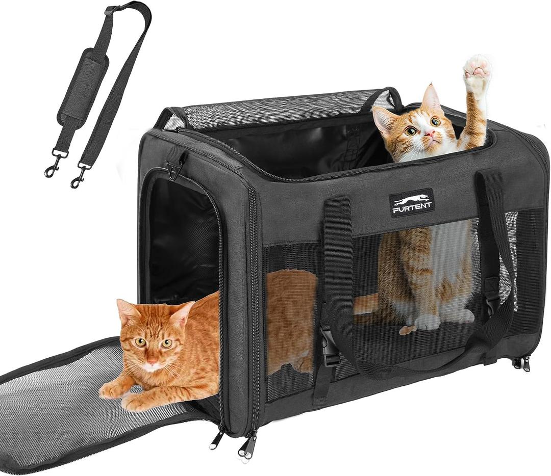 Soft Cat Carrier, Large Foldable Pet Carrier with Four-Sided Breathable Mesh, Safety Leash Included, 20 x 13 x 13 Inches, Travel Bag for Cats & Small Dogs, Black