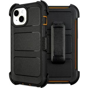 Compatible with Defender iPhone 14 Case with Belt Clip, Shockproof Heavy Duty Rugged, 2 Layers of Sturdy, Military-Grade Cover Compatible with iPhone 14 Case Black & Orange