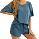PrinStory Pajamas Set for Women Waffle Knit Lounge Set 2 Piece Outfits Loungewear Sweatsuit with Pockets (Blue, M)