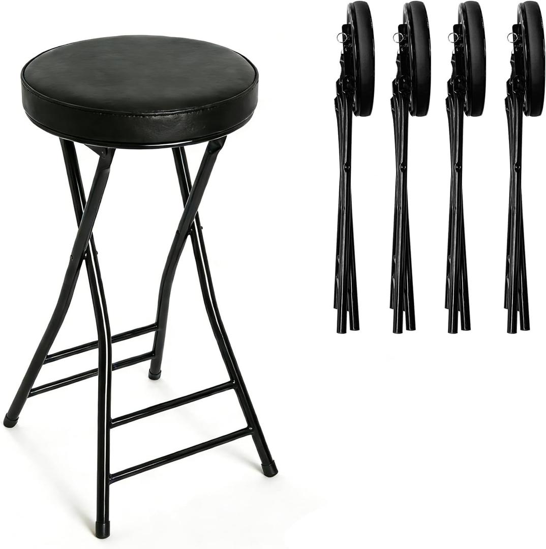Folding Bar Stool,24 Inch Tall Foldable Stool Chair,4PCS Height Cushioned Leather Padded Bar Chair for Kitchen Fishing Hiking Gardening Travel BBQ
