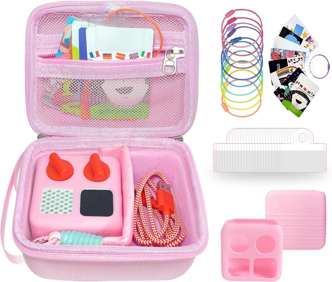 Hard Travel Case Compatible with Yoto Mini Player,Includes Silicone Cover,102 Self-Adhesive Labels and 10 Hanging Rings,yoto Cards Holder Designed Specifically for Yoto Cards and Accessories (Pink)