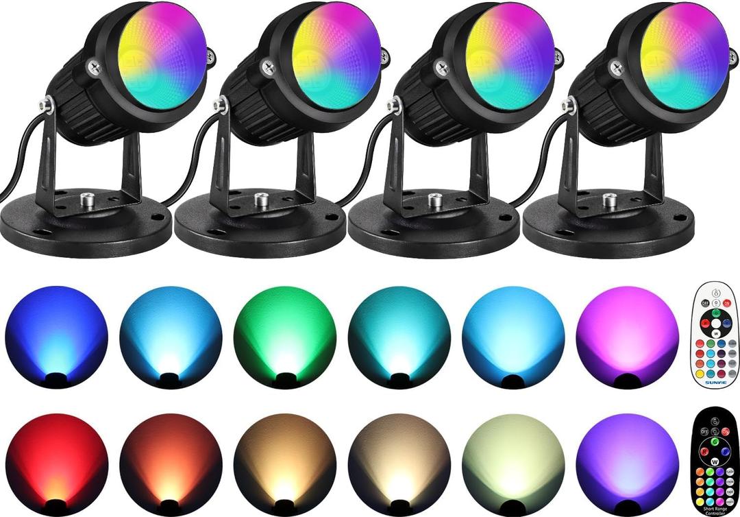 SUNVIE 6W RGBW Up Lights Indoor LED Spot Lights Indoor for Accent Lighting Color Changing Uplighting with Remote Control 120V 4.92FT Cord Spotlight Plug in with Stake for Plant Party Decor, 4 Pack