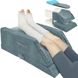 4-Height Adjustable Leg Elevation Pillow, Double Leg, Grey | Soft & Supportive Memory Foam, Keeps Leg/Knee Straight for Pain & Swelling Relief, Fits Various Heights, Non-Slip & 4 Handles