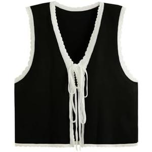Verdusa Women's Old Money Bow Tie Crochet Sweater Vest Contrast Binding Knot Front V Neck Knit Top S