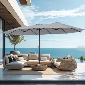 PHI VILLA 15ft Large Patio Umbrellas with Base, Outdoor Double-Sided Rectangle Market Umbrella for Pool Lawn Garden, Light Gray
