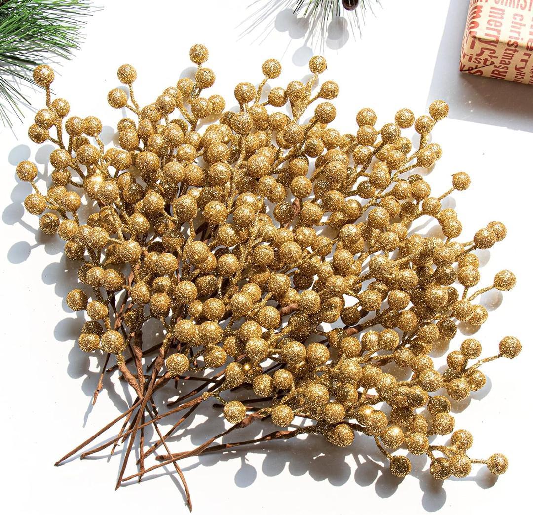 VioletEverGarden 32 Pack Glitter Christmas Picks 6.5 Inch Christmas Berry Stems Gold Artificial Berry Stems for Holiday Xmas Tree Home Decorations