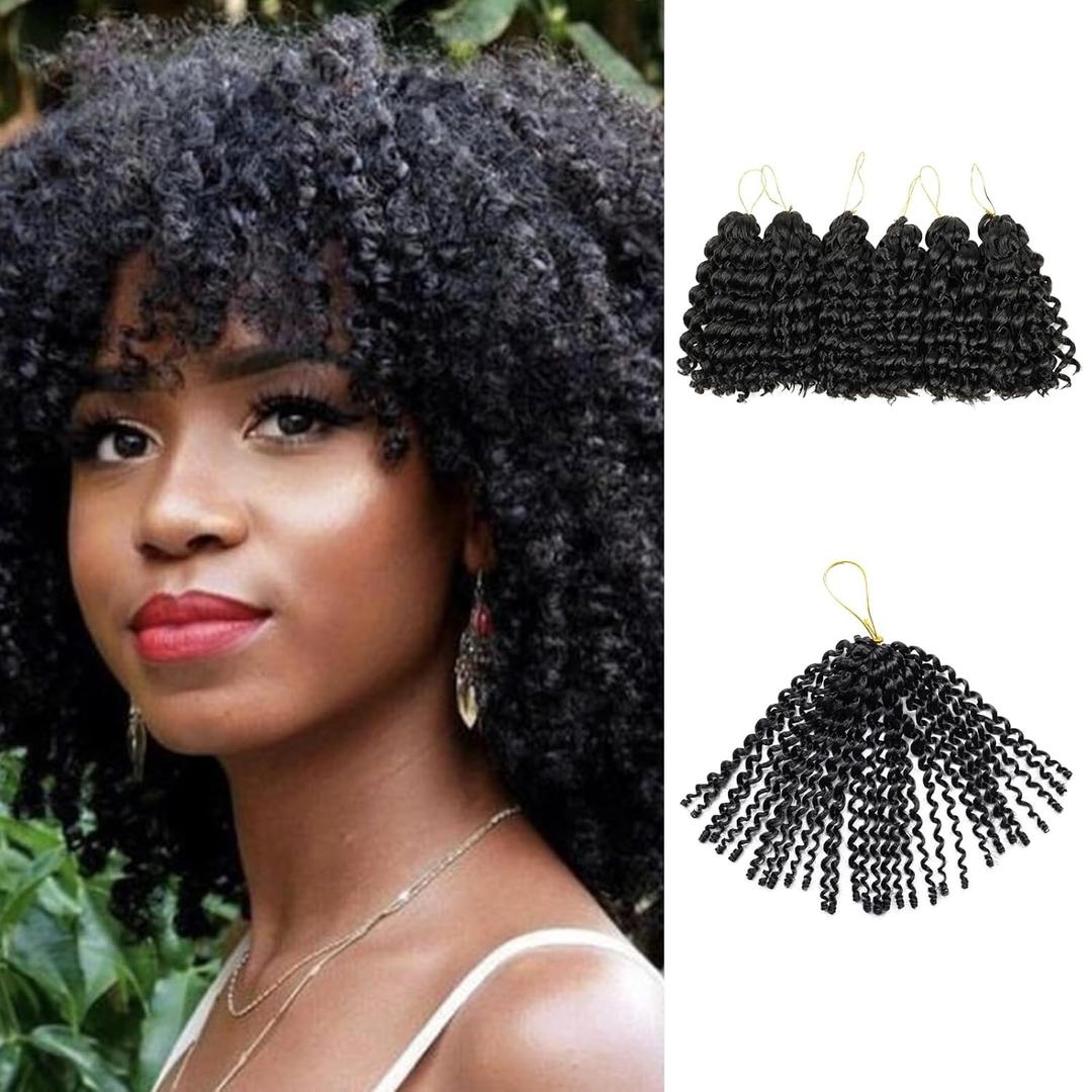 QUEENTAS 6 Packs 8 Inch Short Crochet Hair for Black Women Jamaican Bounce Curly Crochet Hair Extension Kima Wand Curl Jerry Passiion Twist Prelooped Braiding(1B/Black)