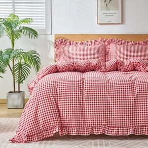 Gingham Duvet Cover Queen Size, 3 Pieces Soft Breathable Microfiber Plaid Comforter Cover with Zipper Closure & 2 Pillow Shams, Ruffle Farmhouse Vintage Decor, Red