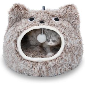 CATISM Cat Bed - Cat Beds for Indoor Cats, Soft Plush Cats Cave, Washable Cave with Toy Balls for Kitty and Small Animals (Large, Coffee)