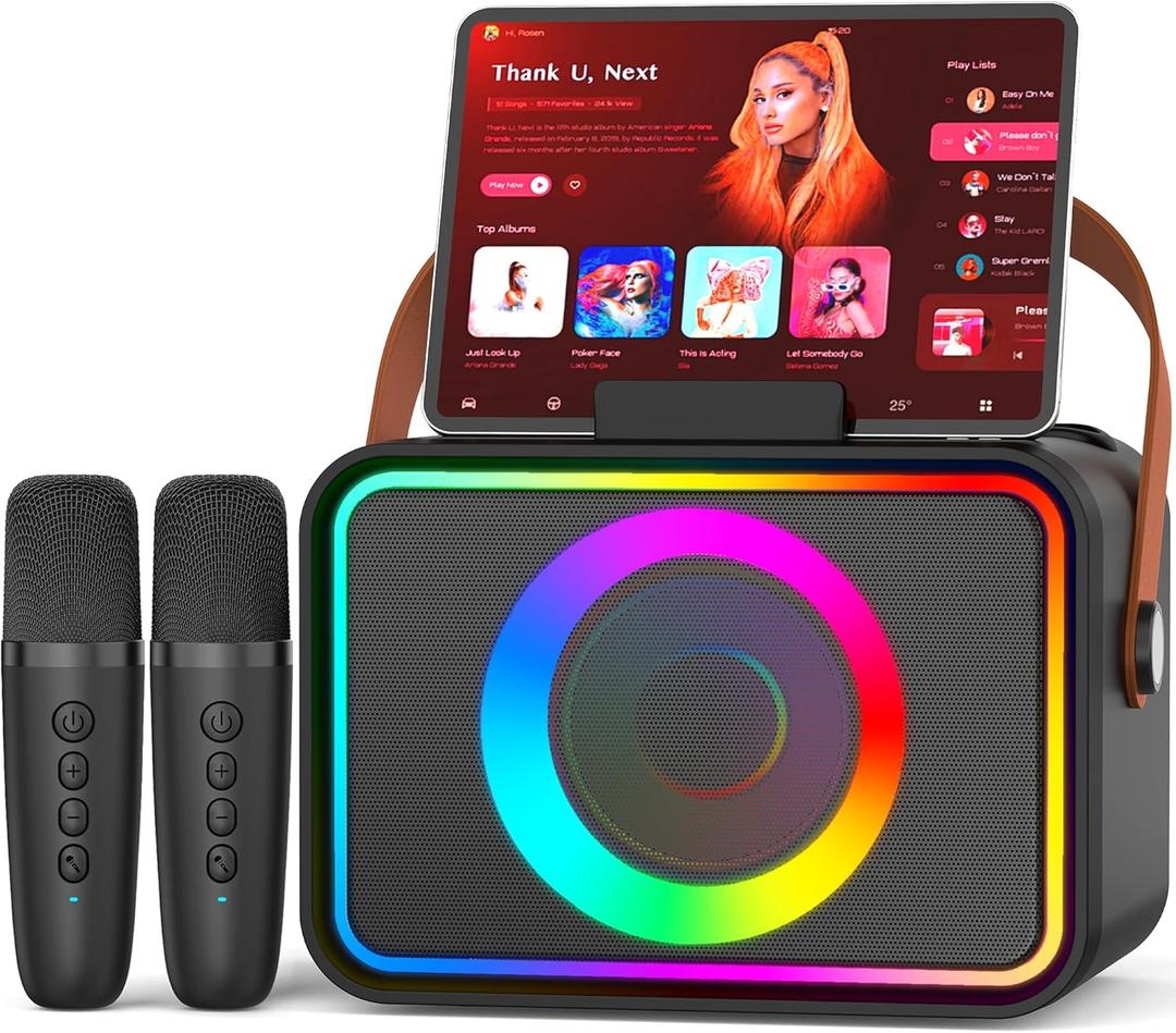 Karaoke Machine,Portable Bluetooth Speaker with 2 Wireless Microphone for Adults & Kids with LED Lights, Karaoke Microphone with PA System Supports USB/TF/AUX,Gift for Party(Black)