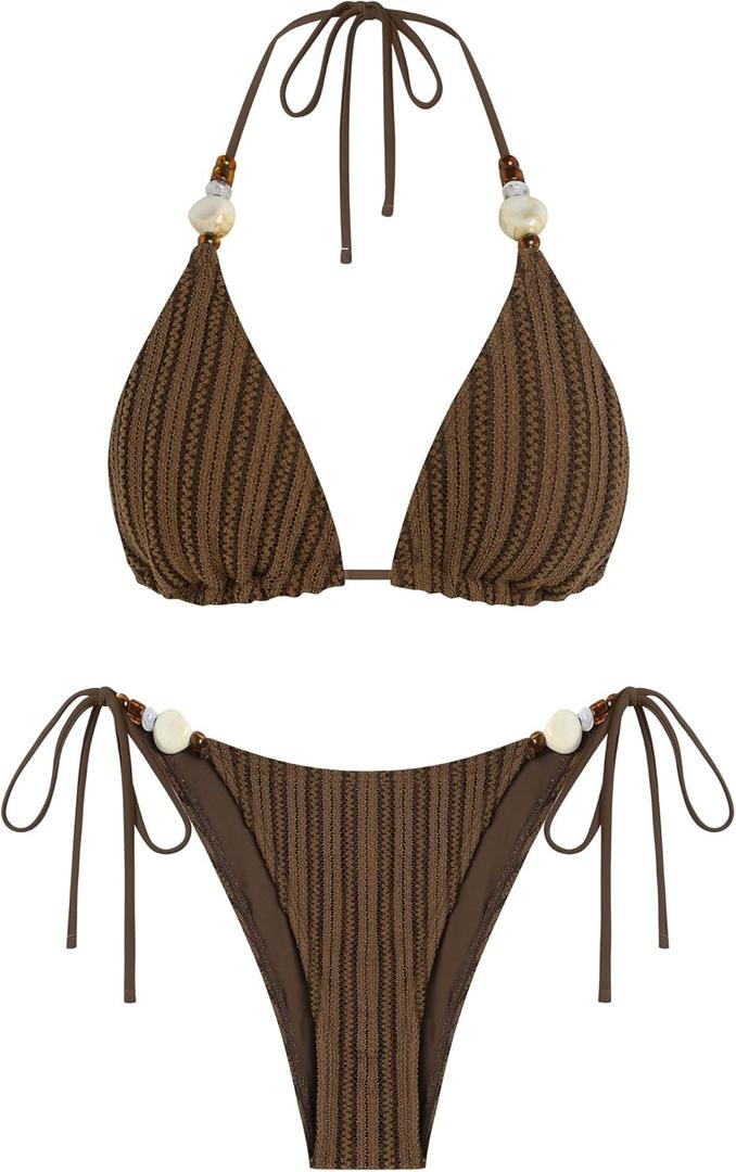 ZAFUL Women's Bikini Sets Beads Triangle Swimsuits 2 Piece String High Cut Cheeky Bathing Suits Medium