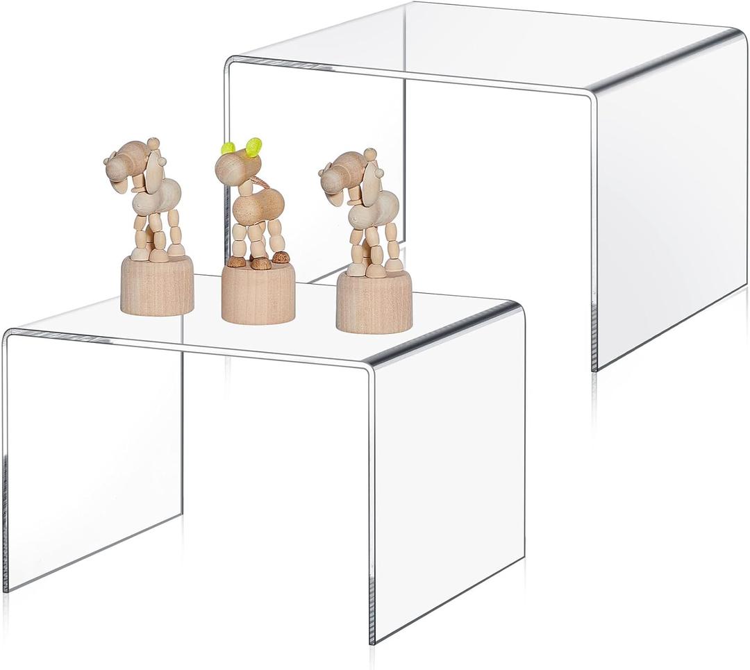 RattanView 2 Pcs 9 Inch Large Acrylic Risers Display Stands 5 mm Thick Acrylic Shelf Riser Showcase for Collectibles Jewelry Cupcakes Food Figures Perfume Cabinet (Clear)