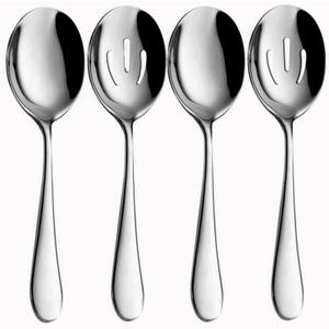 4-Piece Serving Spoon Set - Includes 2 Serving Spoons and 2 Slotted Spoons, Large Cutlery for Catering Buffet, Mirror Polished, Dishwasher Safe, 8.7 Inches (Sliver)