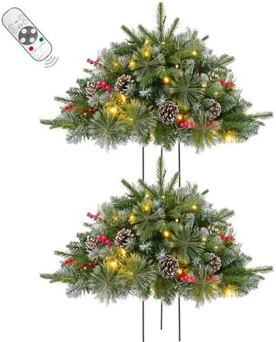 2 Pack 24 Inch Lighted Outdoor Christmas Tree with Dual Color LED Lights, Remote Control Battery Operated Pre-lit Pathway Urn Filler, Christmas Porch Decorations for Home, Porch & Yard