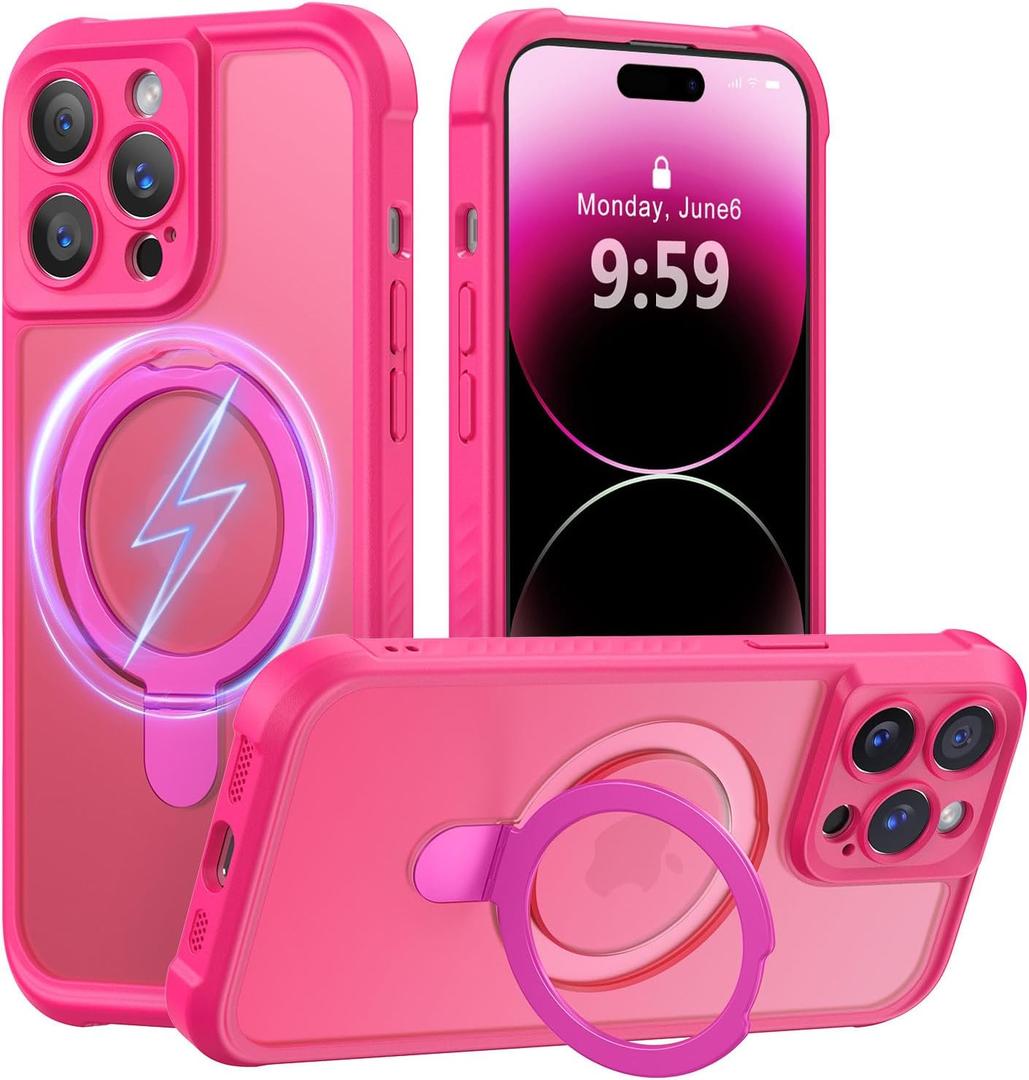 MOCCA Design for iPhone 14 Pro Case with Magnetic Invisible Stand [Full Camera Protection] [Compatible with Magsafe] Military Drop Shockproof Translucent Matte Phone Case Cover 6.1",Hot Pink