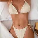 Women's Ribbed Two Piece Adjustable Triangle Beads Shoulder Strap Bikini Set Sexy Bathing Swimsuits (Beige, Small)