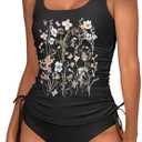 Earlymemb Womens Tummy Control Two Piece Tankini Set Funny Pattern Bathing Suit Drawstring Ruched Swimwear (Large)