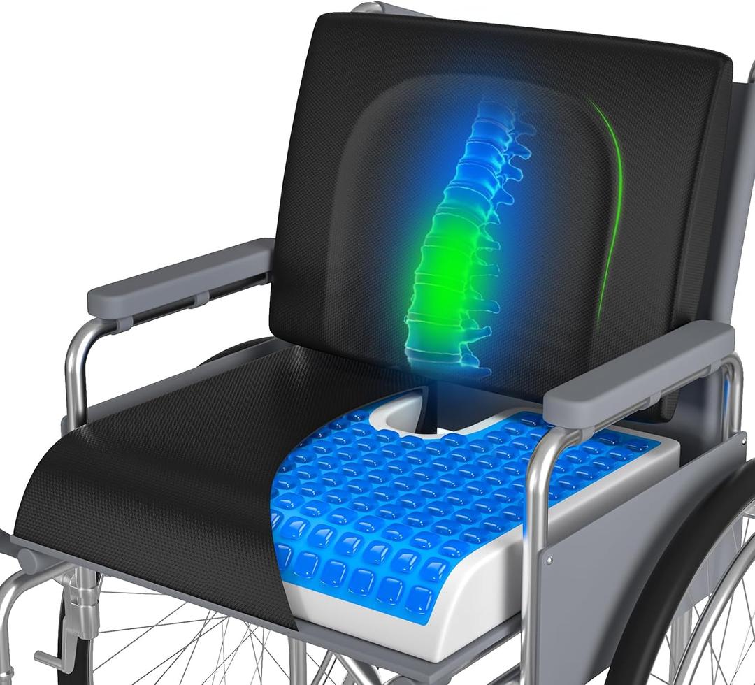 Wheelchair Cushions, 18''x16''x 3'' Gel Wheelchair Seat Cushion with Lumbar Pillow, (2-Piece Set) for Relieve Sciatica, Back, Coccyx, Pressure Sore, Pressure Relief, with Anti-Slip Cover, Strap, X-Large