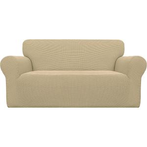 Easy-Going Stretch Loveseat Slipcover 1-Piece Sofa Cover Furniture Protector Couch Soft with Elastic Bottom for Kids Polyester Spandex Jacquard Fabric Small Checks (Loveseat, Beige)