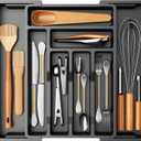 Pipishell Silverware Drawer Organizer, Expandable BPA-Free Kitchen Utensil Storage Tray for Forks, Spoons and Knives, Black Plastic Cutlery Holder
