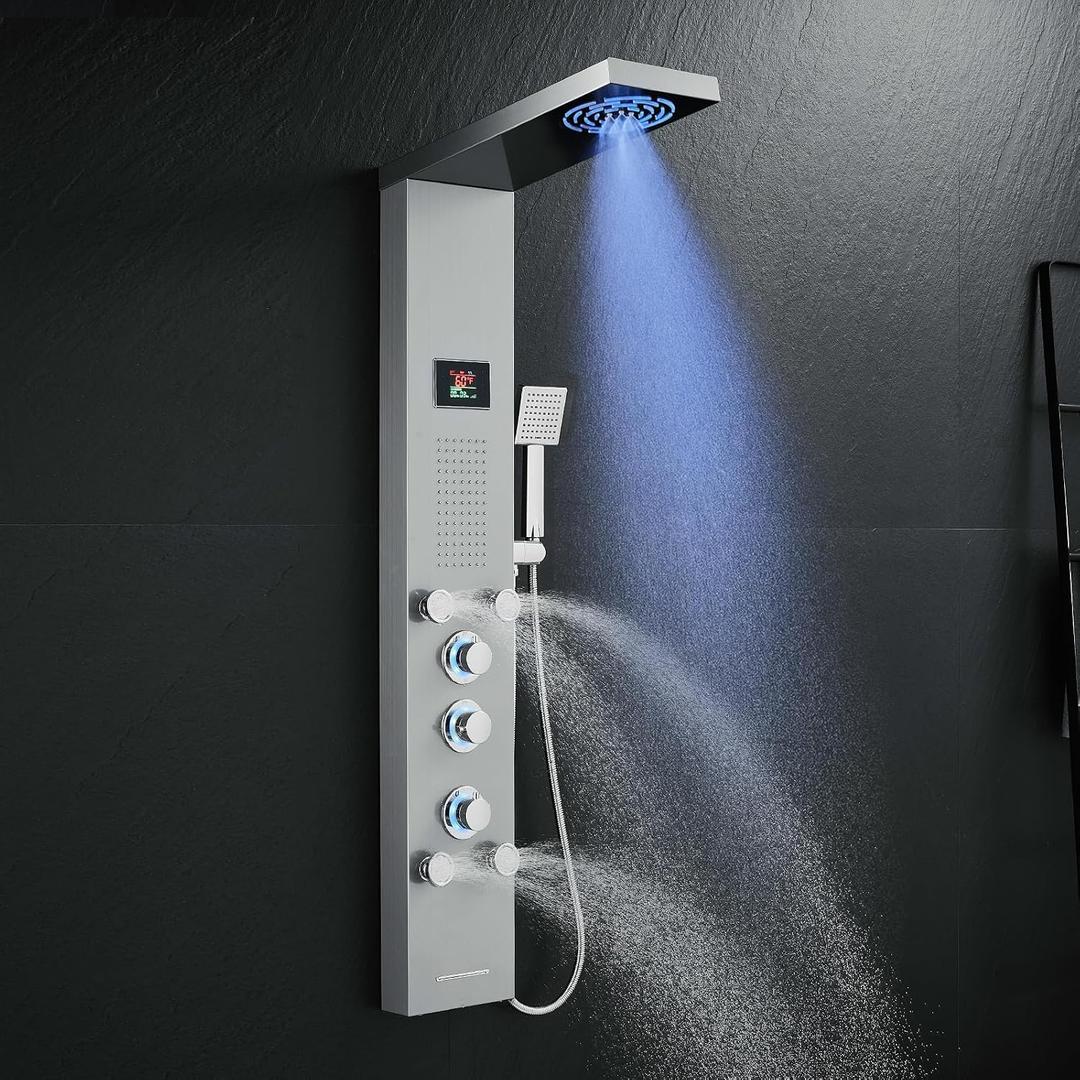 ROVOGO No Battery Needed Shower Panel System with Led Lights MIST & RAIN Shower, Body Jets, Handheld, Tub Spout and Temp Display, Hydroelectric Led Shower Tower Column Stainless Steel Brushed