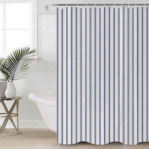 Navy Blue Striped Shower Curtain Set - Long 72" x 84" Washable Bathtub Curtain with 12 Hooks, Navy Blue White Stripes Farmhouse Waterproof Fabric Stall Shower Curtains for Bathroom/Bathtub