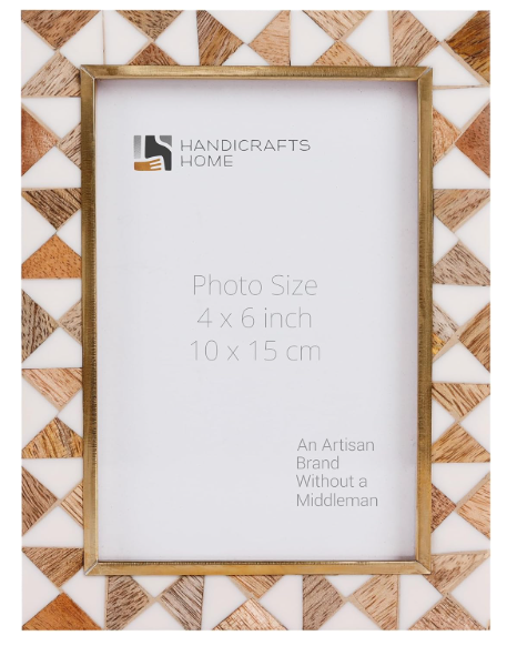 Handicrafts Home Wood 4x6 Picture Frame, White & Wood photo frame for vintage Decor, Boho Chic Decorative Frame for Wall & Tabletop, Brass Frame, Vintage Farmhouse Boho Home Decor, Desk Decor, Gallery Wall- Halo Ivory