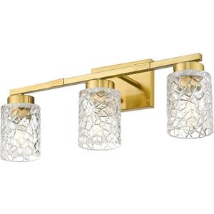 Emliviar 3-Light Brushed Gold Bathroom Vanity Light Fixture, 3 Bulb Wall Lamp Over Mirror 22 Inch, Clear Geometric Glass, HE294B-3W BG