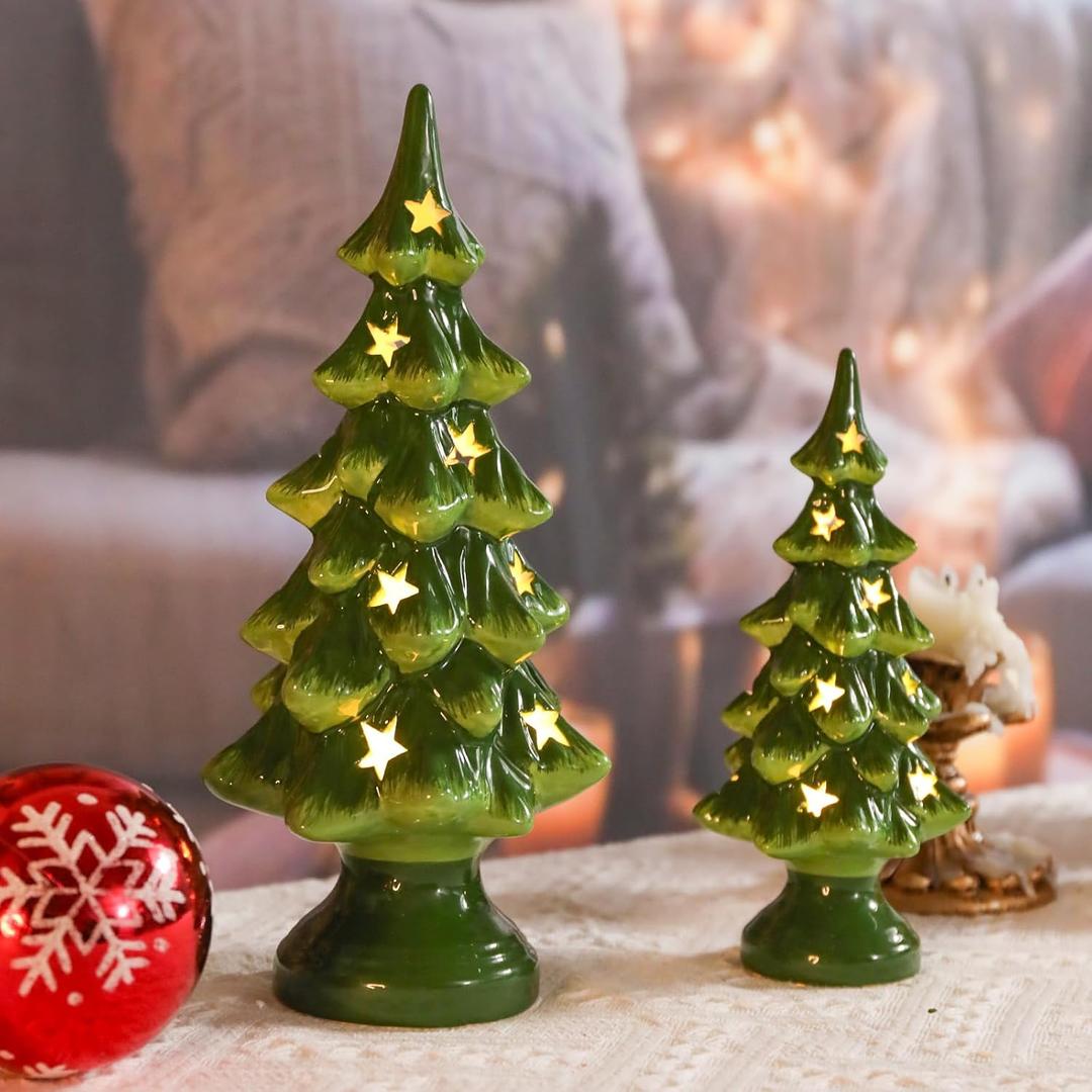 Taman Ceramic Christmas Tree, 10/7.5 Tabletop Light Up Set of 2 Decoration with Warm Lights for Christmas Holiday Indoor Decorations