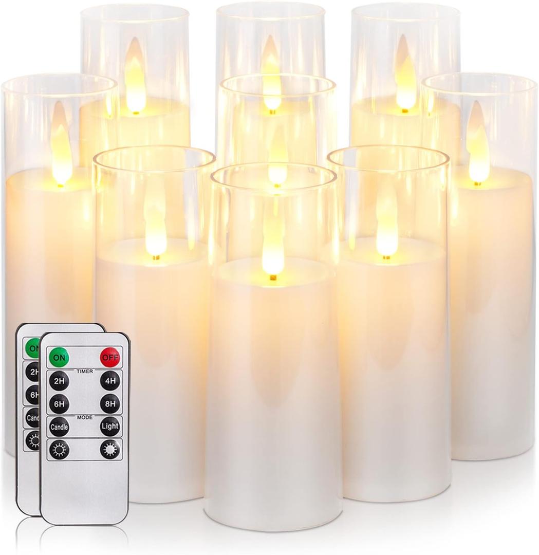 Homemory Pure White Acrylic Flameless Candles, LED Candles, Battery Operated Candles with Remote Control and Timer, Fake Electric Candle, Wedding, Home Decor, Set of 9