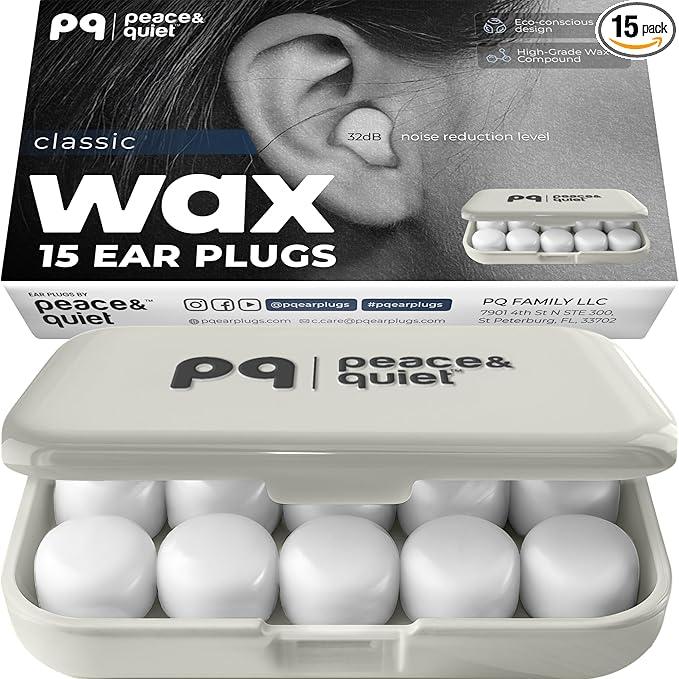 Peace&Quiet PQ Wax Ear Plugs for Sleeping, Swimming - 15 Soft Noise Cancelling Silicone Gel Wax Earplugs for Sleep and Swimmers, Ear Protection with Sound Blocking Level of 32 Db, (15-Pillows)