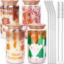 4Pcs Christmas Glass Cups, 16oz Christmas Mason Jars with Lid and Straw Tumbler Drinking Glasses Coffee Cups Jar Decor Glassware Water Bottles Xmas Home Decorations Gift for Kids Women Men