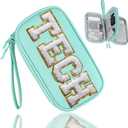 COSHAYSOO Electronics Organizer Bag Travel with Chenille Letter Patch Traveling Must Have Accessories Cute Personalized Gift for Women Cable Cord Charger Storage Pouch (Teal Blue)