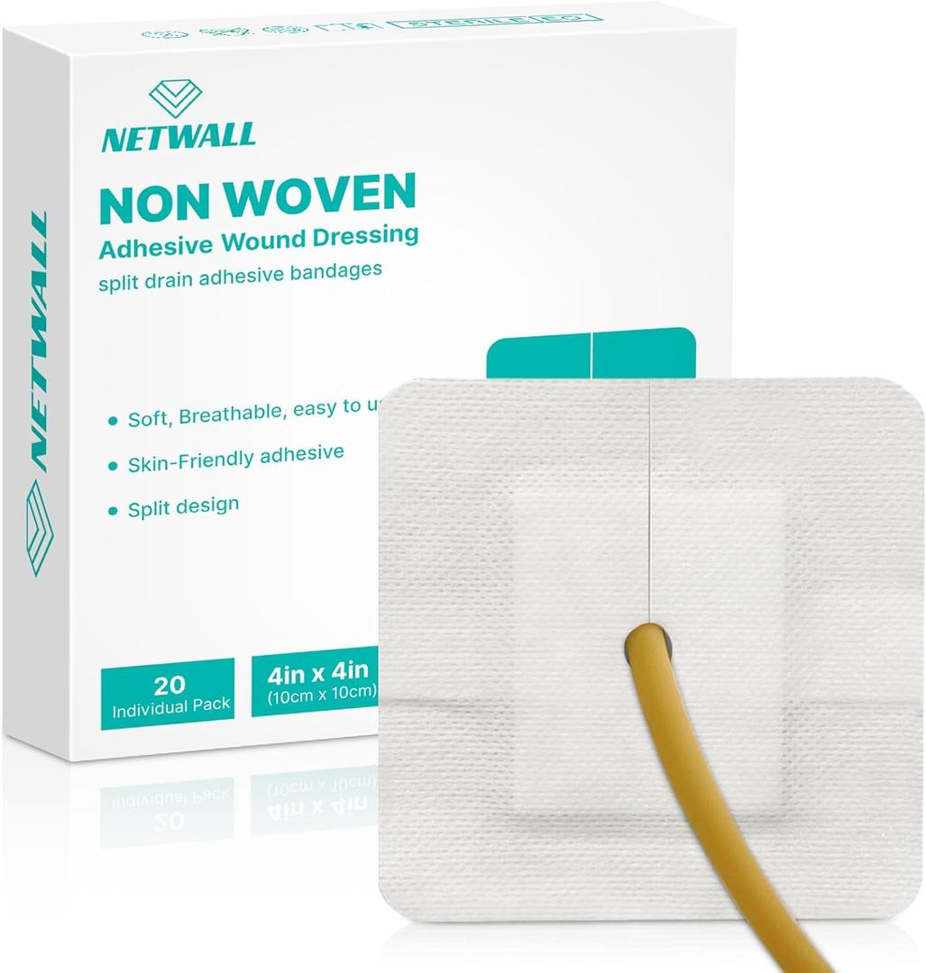 Split Drain Adhesive Bandages 4" x 4" Pre-Cut for Feeding Tubes, Dialysis Catheters & Drains - Soft Non-Stick Pad - Individually Wrapped 20 Pack Wound Dressing Pads